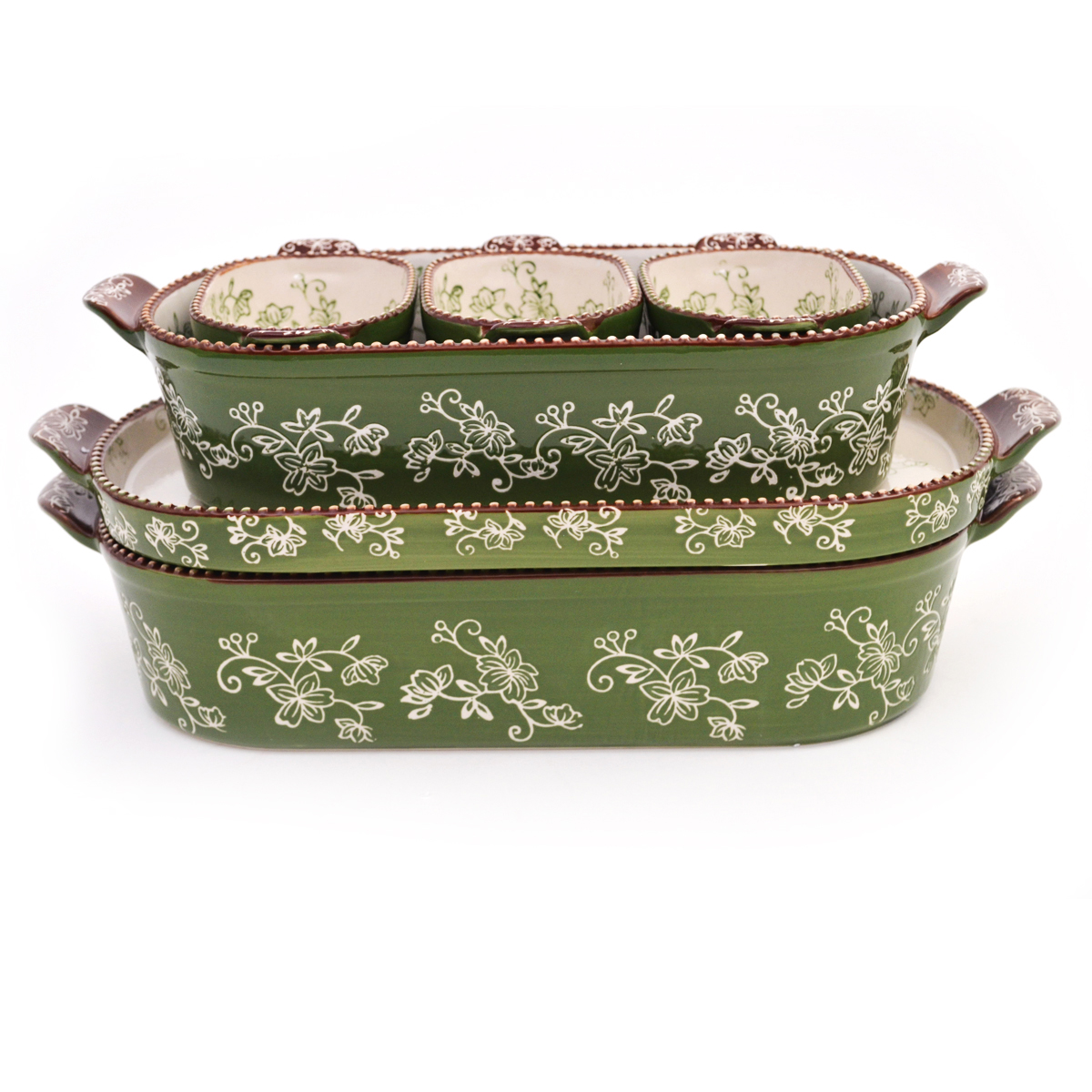 temp-tations® Floral Lace Squoval Bakeware Set – 6 Piece – Green