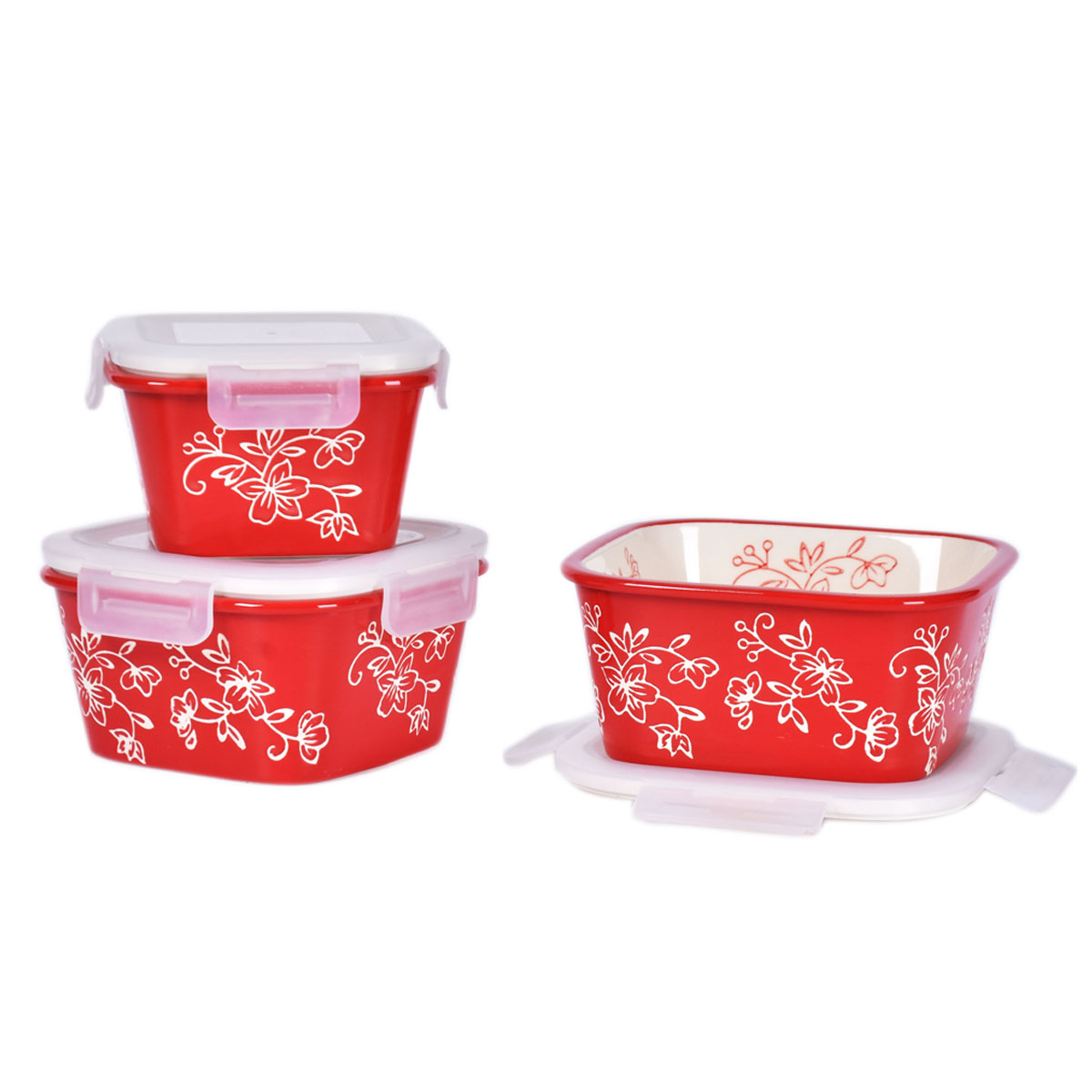 temp-tations® Floral Lace Nesting Square Ceramic Containers with Lid – 3 Piece – Red